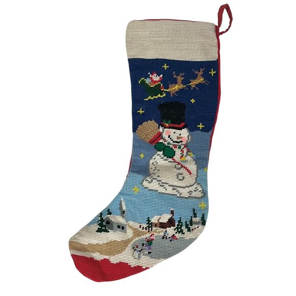 Big Arrow Co Needlepoint Christmas Stocking SNOWMAN 19" Santa Sleigh Reindeer - Picture 1 of 12